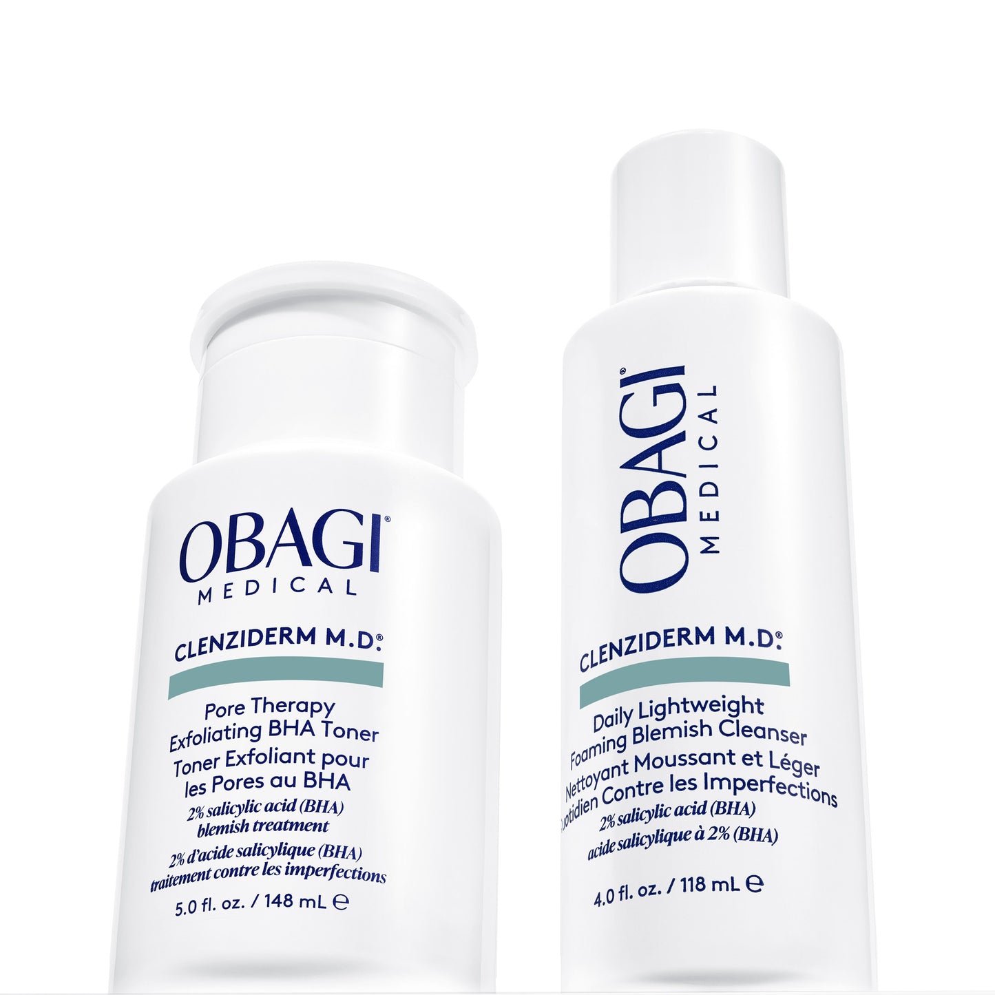 Obagi CLENZIderm M.D. Daily Care Foaming Cleanser and Pore Therapy Toner shown together as a blemish-control routine