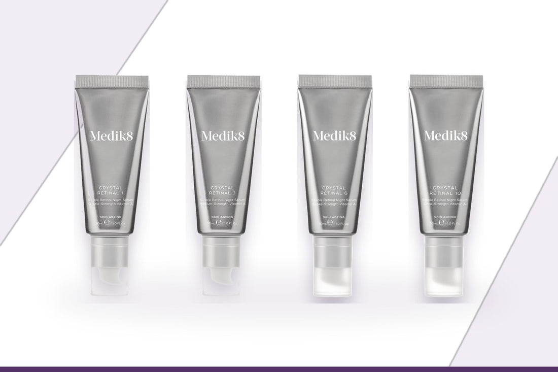 Medik8 Crystal Retinal 1, 3, 6 and 10 night serums shown side by side as a strength ladder