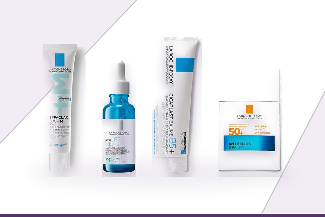 La Roche-Posay Effaclar Duo+M, Hyalu B5 Serum, Cicaplast Baume B5 and Anthelios UVAir SPF50+ together