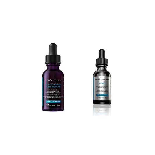 SkinCeuticals HA Intensifier Multi-Glycan 30ml and P-TIOX Anti-Wrinkle Serum 30ml on a white background