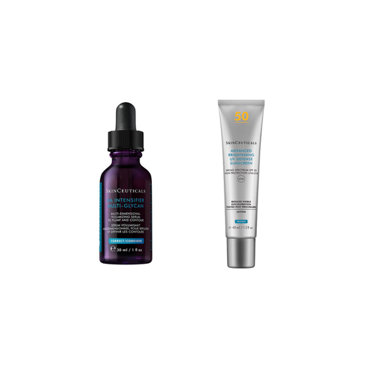 SkinCeuticals HA Intensifier Multi-Glycan 30ml and Advanced Brightening UV Defense SPF50 40ml on a white background