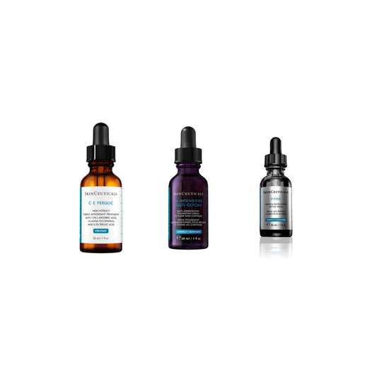 SkinCeuticals CE Ferulic 30ml, HA Intensifier Multi-Glycan 30ml and P-TIOX Anti-Wrinkle Serum 30ml on a white background