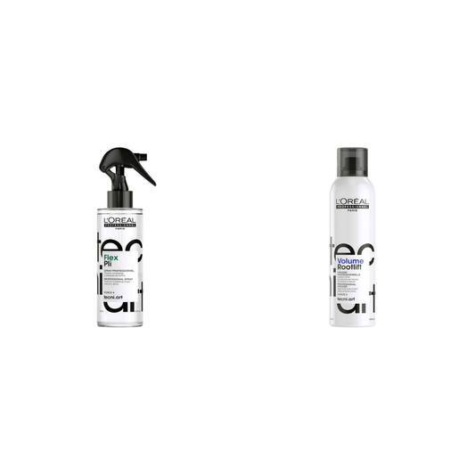 L'Oréal Professional Techni Art Flex Pli 190ml and Volume Root Lift 250ml on a white background