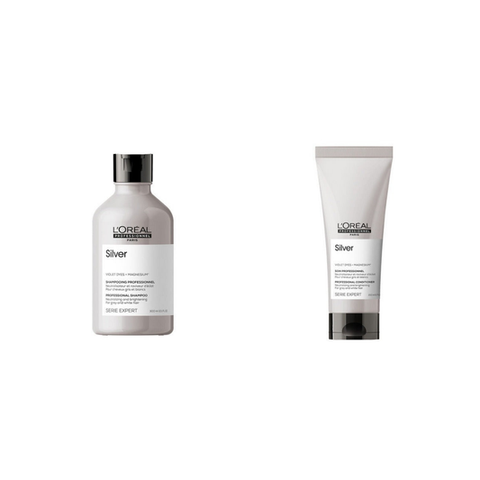 L'Oréal Professional Silver Shampoo 300ml and Conditioner 200ml on a white background