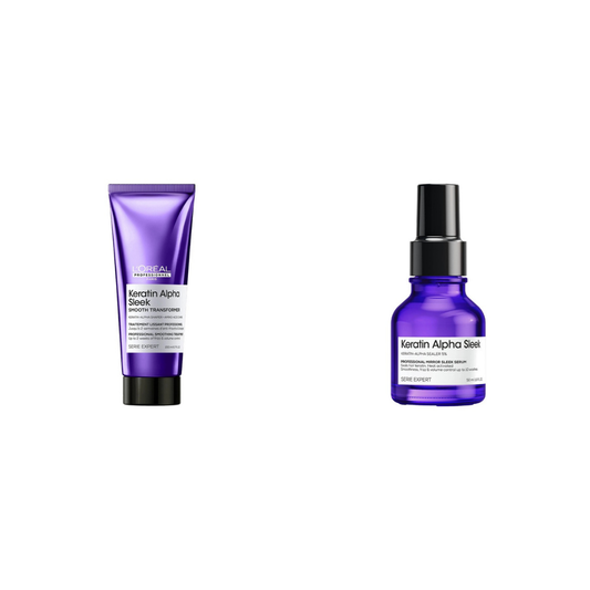 L'Oréal Professional Keratin Alpha Sleek Smooth Transformer 200ml and Mirror Sleek Serum 50ml on a white background