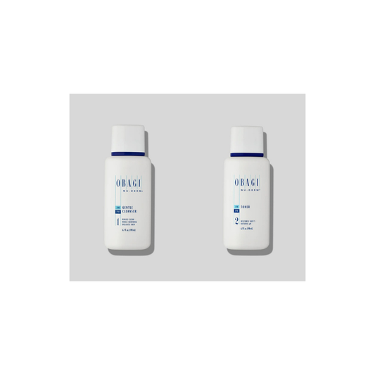 Obagi Nu-Derm Gentle Cleanser 200ml and Nu-Derm Toner 200ml on a white background