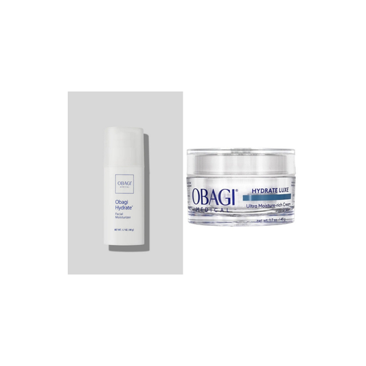 Obagi Hydrate Facial Moisturiser 48g and Hydrate Luxe 48g on a white background