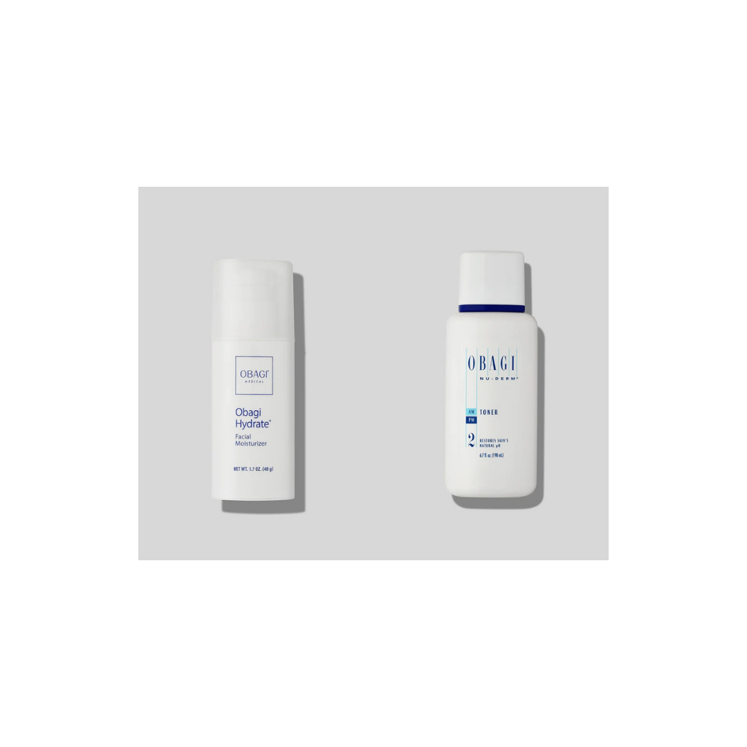 Obagi Hydrate Facial Moisturiser 48g and Nu-Derm Toner 200ml on a white background