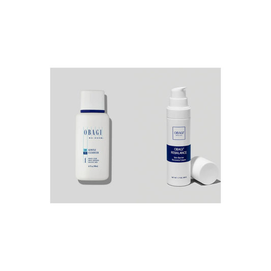 Obagi Nu-Derm Gentle Cleanser 200ml and Rebalance Skin Barrier Recovery Cream 48g on a white background