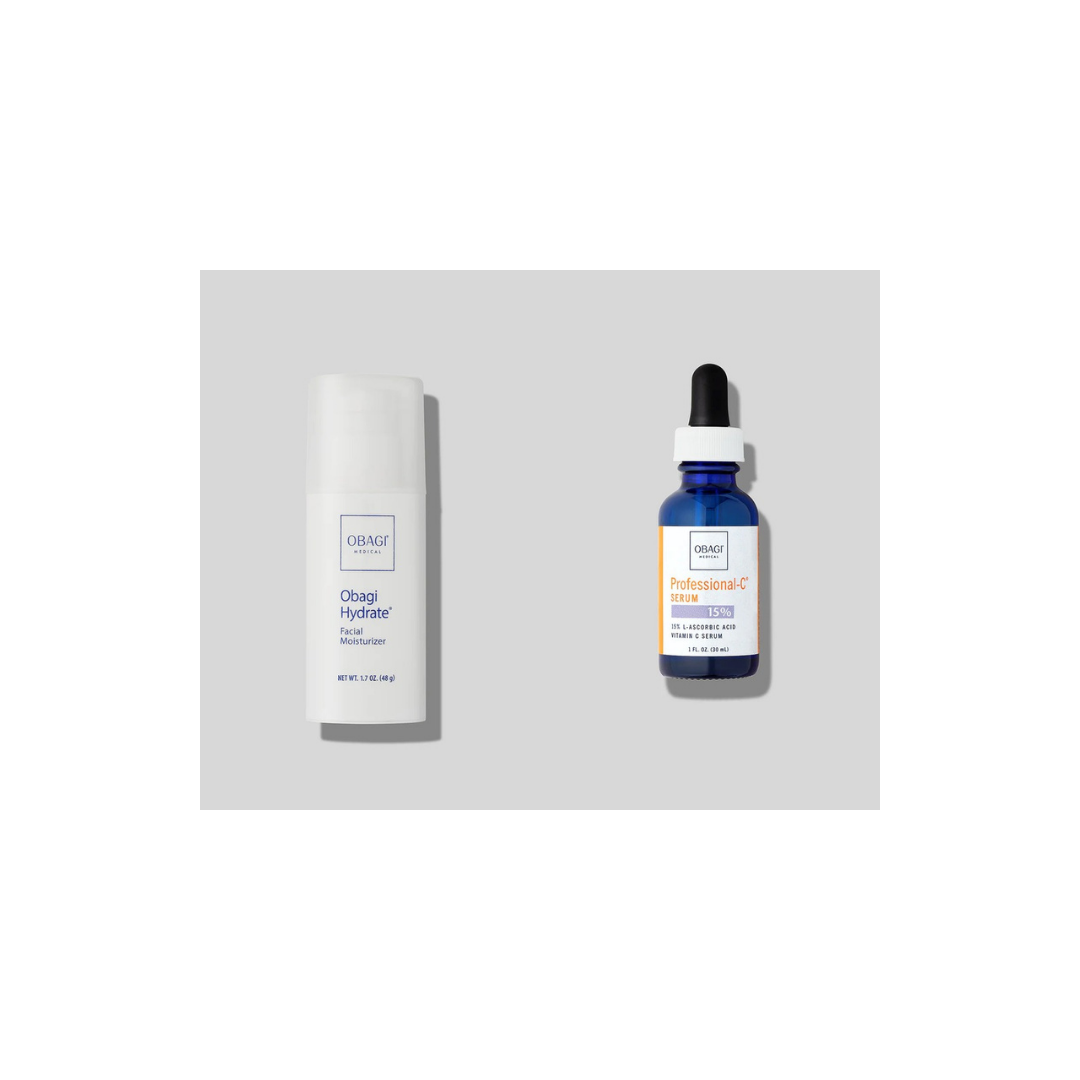 Obagi Hydrate Facial Moisturiser 48g and Professional-C 15% Serum 30ml on a white background