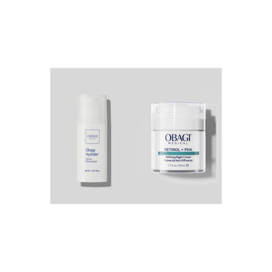 Obagi Hydrate Facial Moisturiser 48g and Retinol + PHA Refining Night Cream 50ml on a white background