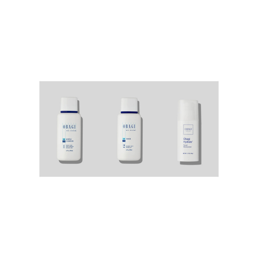 Obagi Nu-Derm Gentle Cleanser 200ml, Nu-Derm Toner 200ml and Hydrate Facial Moisturiser 48g on a white background
