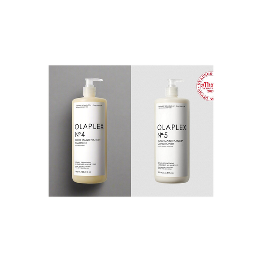 Olaplex No.4 Bond Maintenance Shampoo 1L and No.5 Bond Maintenance Conditioner 1L on a white background