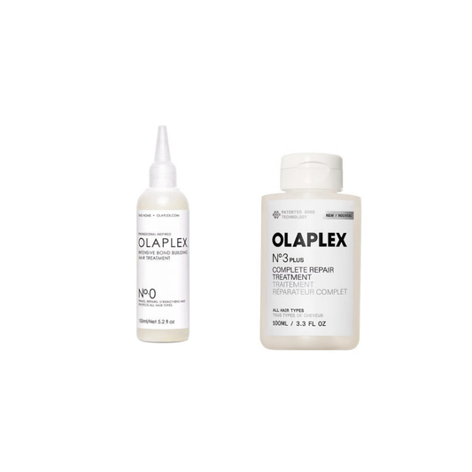 Olaplex No.0 Intensive Bond Building Treatment 155ml and No.3 PLUS Complete Repair Treatment 100ml on a white background