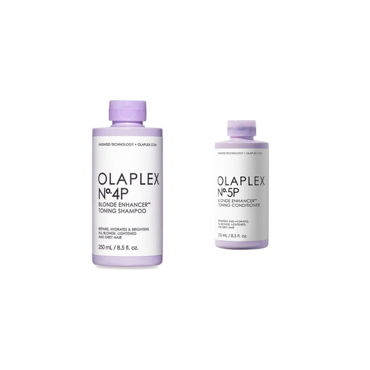 Olaplex No.4P Blonde Enhancer Toning Shampoo 250ml and No.5P Toning Conditioner 250ml on a white background