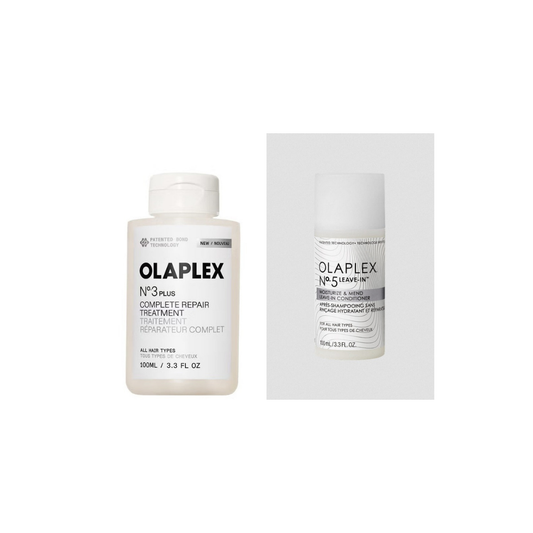 Olaplex No.3 PLUS Complete Repair Treatment 100ml and No.5 Leave-In Conditioner 100ml on a white background
