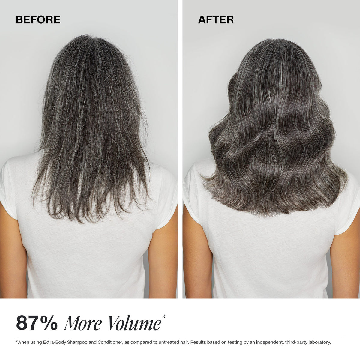 Before and after results using Paul Mitchell Extra-Body Shampoo and Conditioner