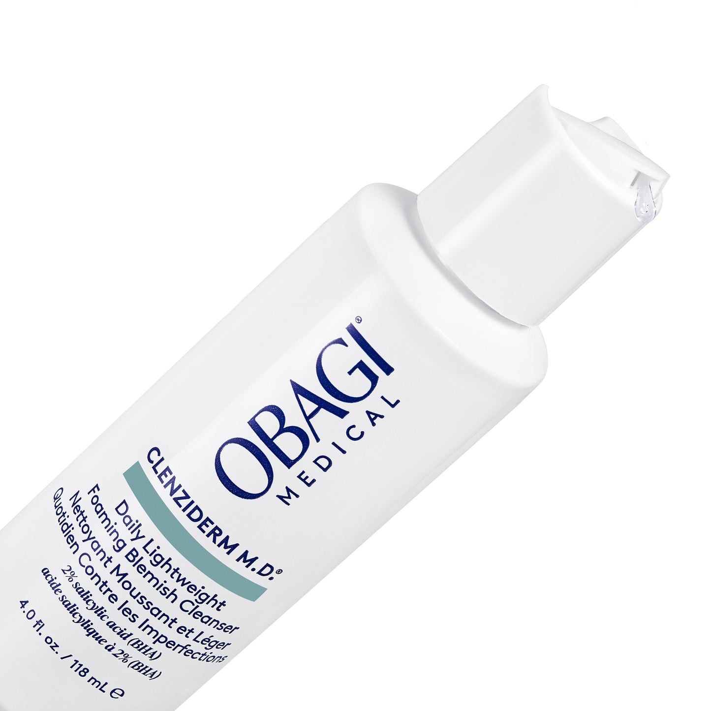 Obagi CLENZIderm M.D. Daily Care Foaming Cleanser 118ml bottle close-up, 2% salicylic acid BHA blemish cleanser