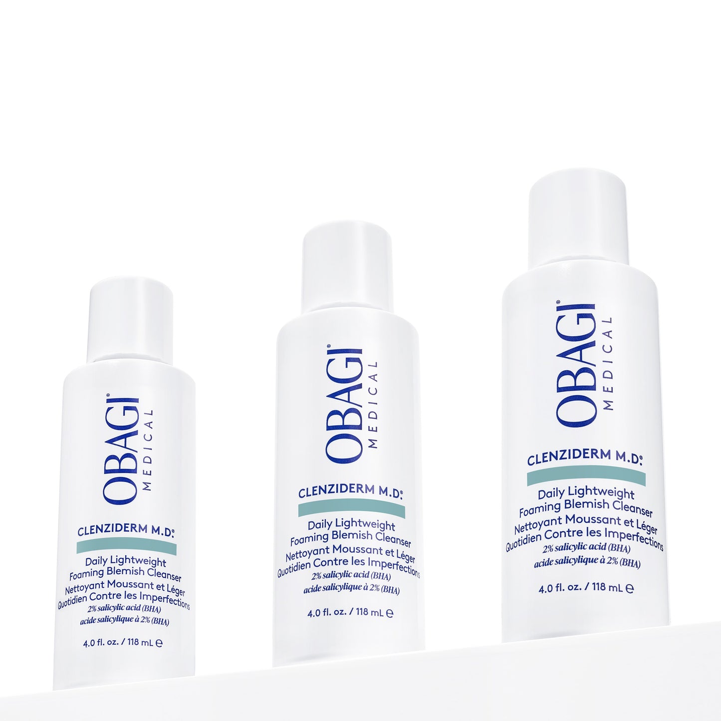 Obagi CLENZIderm M.D. Daily Care Foaming Cleanser shown with the full CLENZIderm M.D. three-step acne range