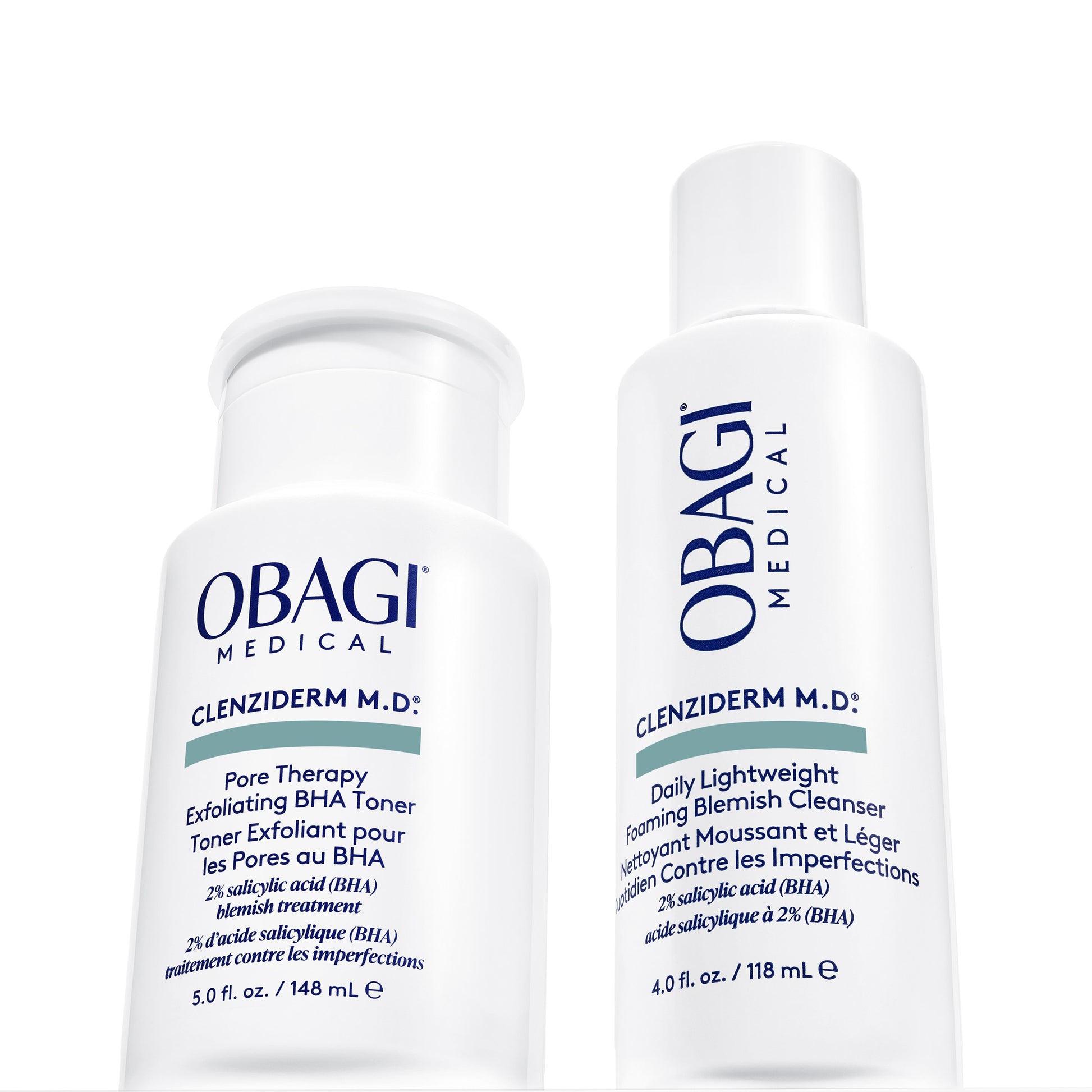 Obagi CLENZIderm M.D. Daily Care Foaming Cleanser and Pore Therapy Toner shown together as a blemish-control routine