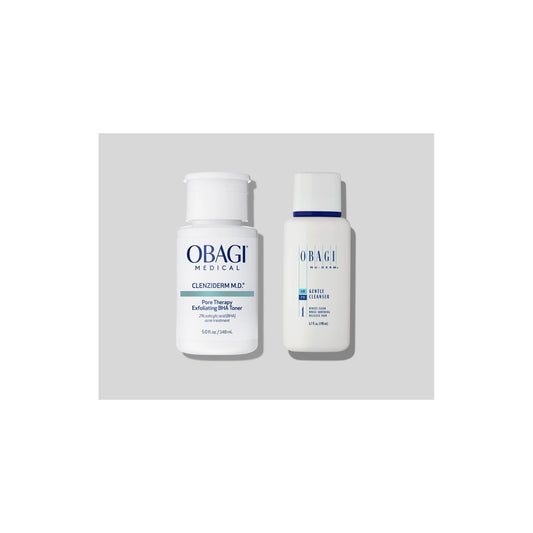 Obagi CLENZIderm M.D. Pore Therapy Toner 148ml and Nu-Derm Gentle Cleanser 200ml shown together, cleanse and exfoliating BHA toner duo