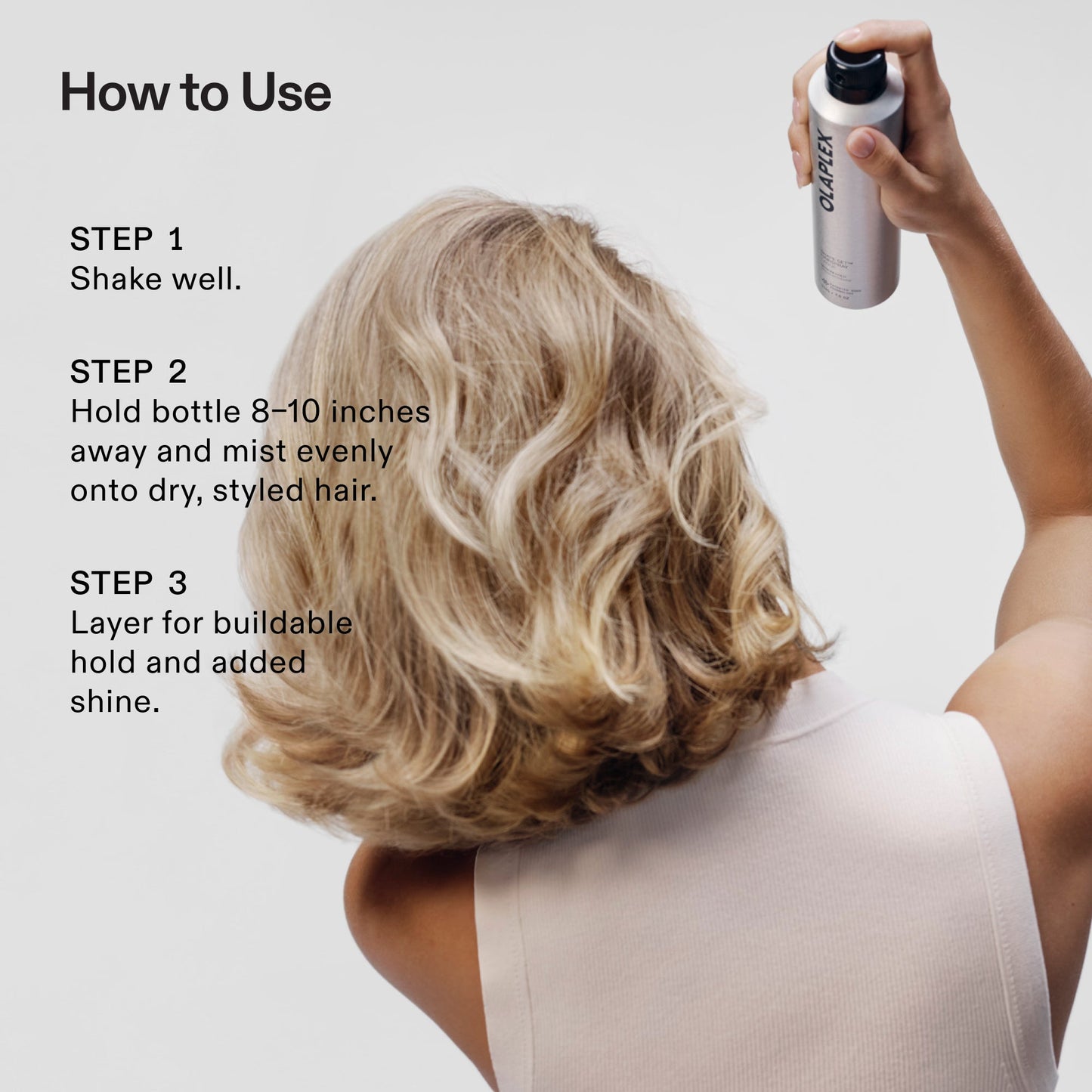 How to use Olaplex Shape Set Hairspray - shake well, mist 8-10 inches from dry styled hair, layer for buildable hold